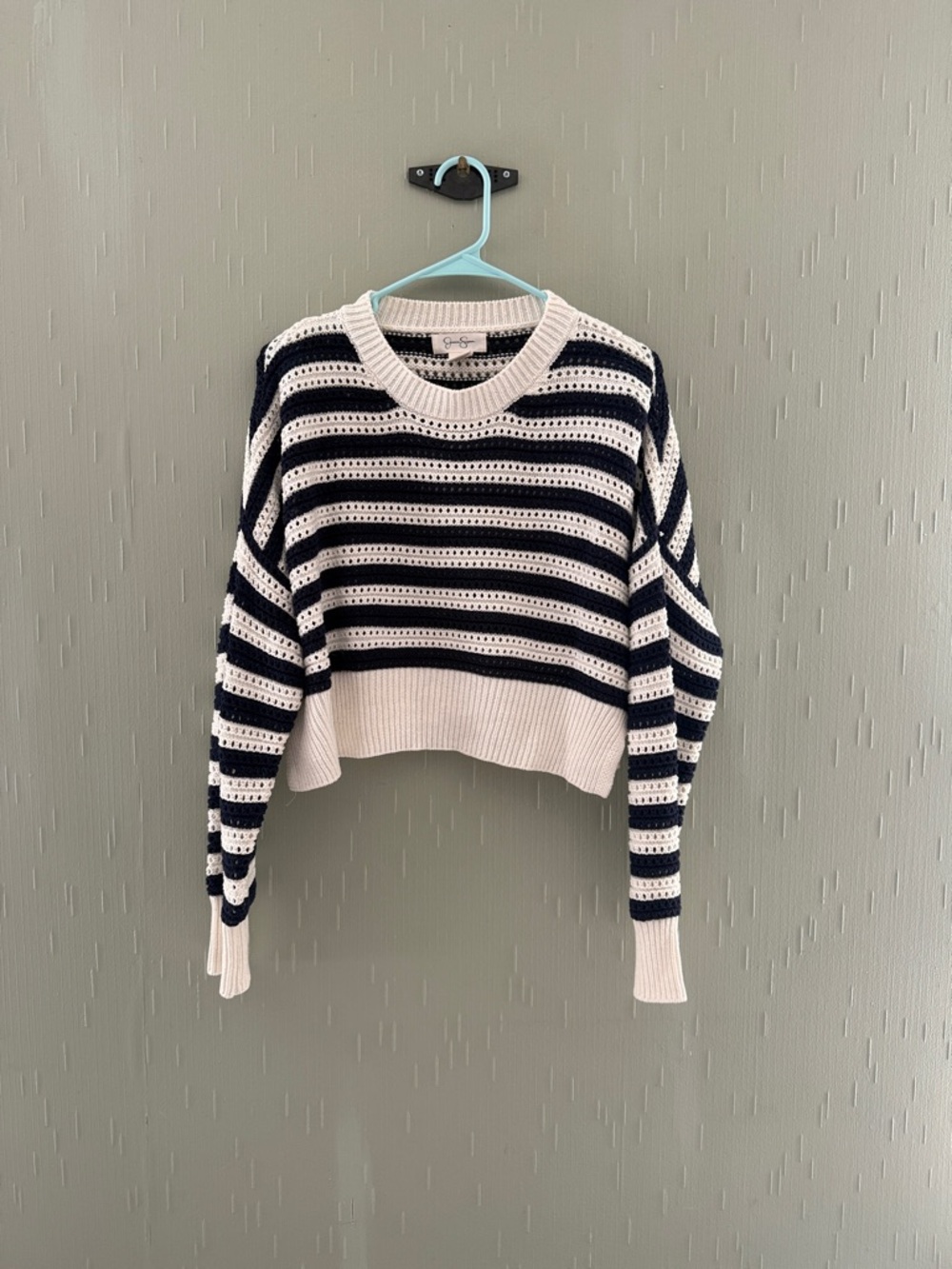 Jessica Simpson Navy and White Striped Scoop-Neck Cropped Sweater